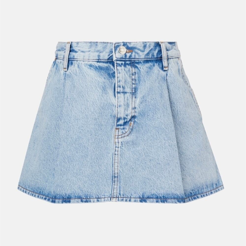 FRAME The Pleated Denim Mini Skirt in Outlaw Blue High End Luxury Jean Skirt 26 - Picture 2 of 16